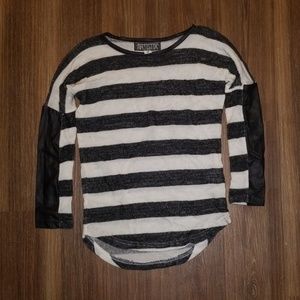 Striped top with leather sleeve detail